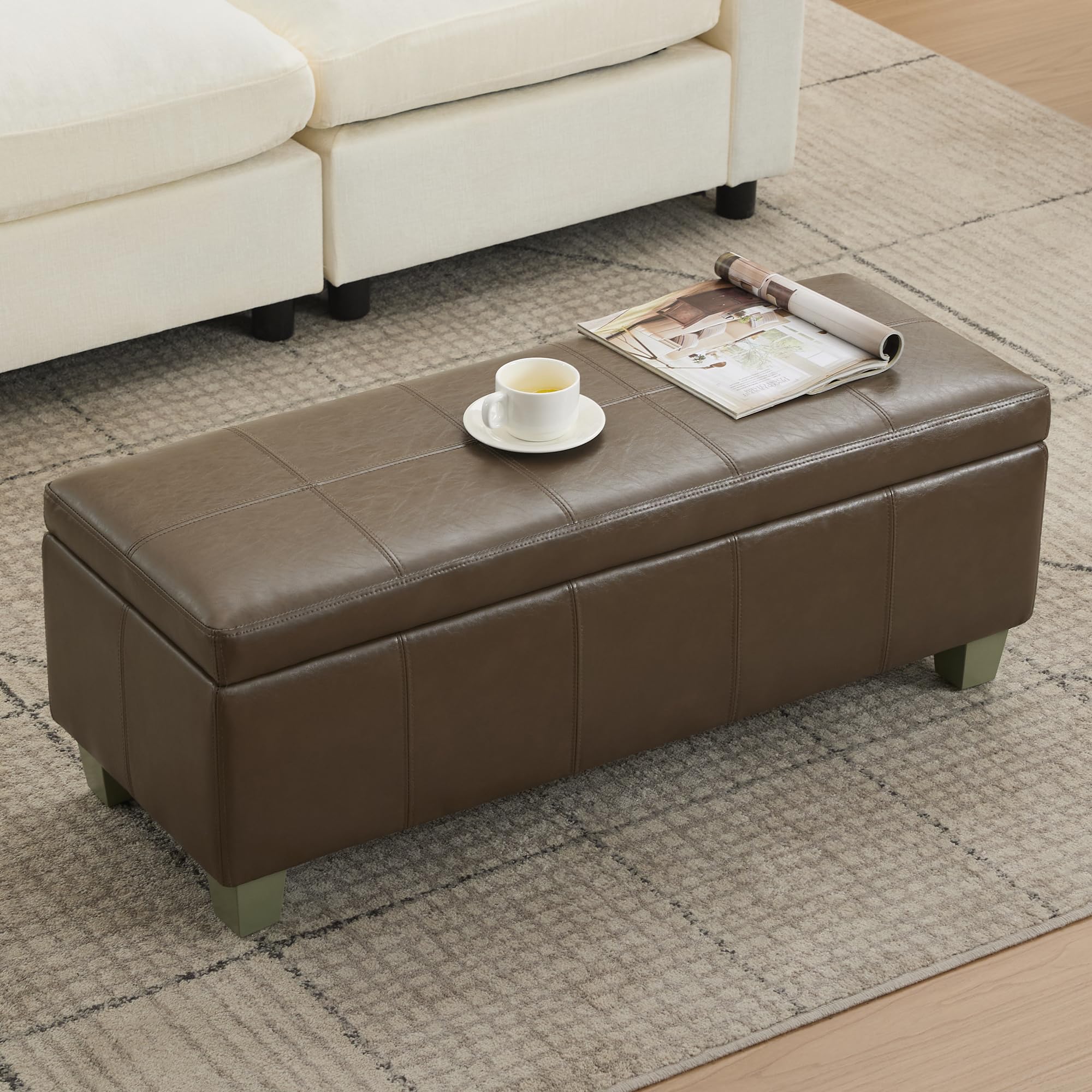 WUTUTUEE 41" Faux Leather Storage Ottoman, Stitch Tufted Rectangle Upholstered End of Bed Storage Bench, Entryway Large Couch Ottoman with Wooden Legs, Coffee