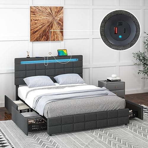 Miniatura 9 de Giantex Base de cama Queen con luces LED y 4 cajones, base de cama de plataforma tapizada con puertos USB, diseño de cabecera ajustable copetudo,