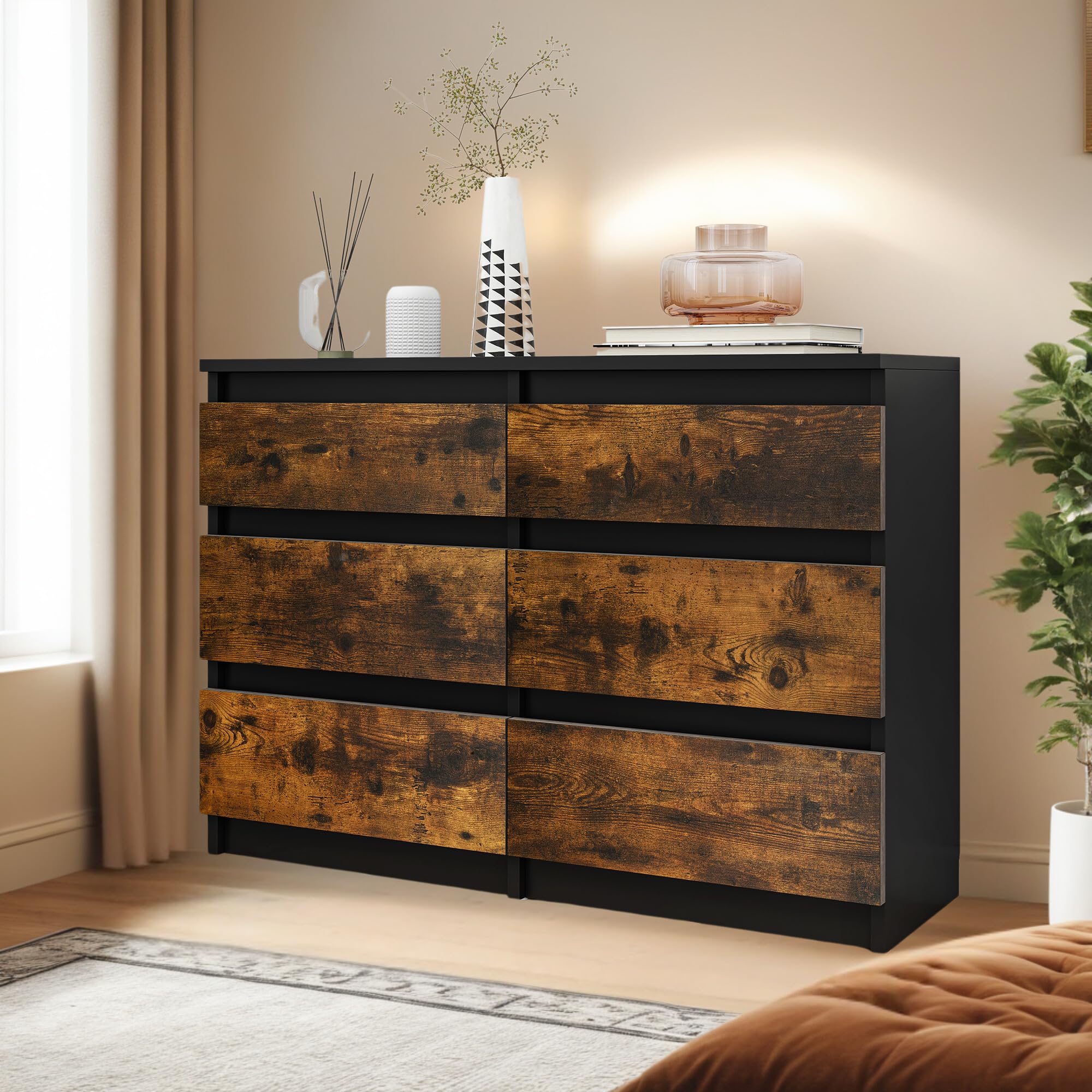 YITAHOME Kommode, 6 Schubladen Schlafzimmerschrank, modernes Möbel 100x30x70cm, stabil & sicher, aus Holz, mit Laufschienen, Schwarz Rustikal Braun