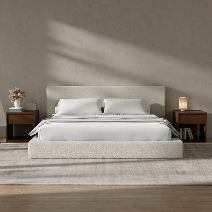 RECCI Cloud Upholstered California King Bed Frame with Headboard, 5 Inch Foam Padded Platform, No Box Spring, Easy Assembly (Cream)