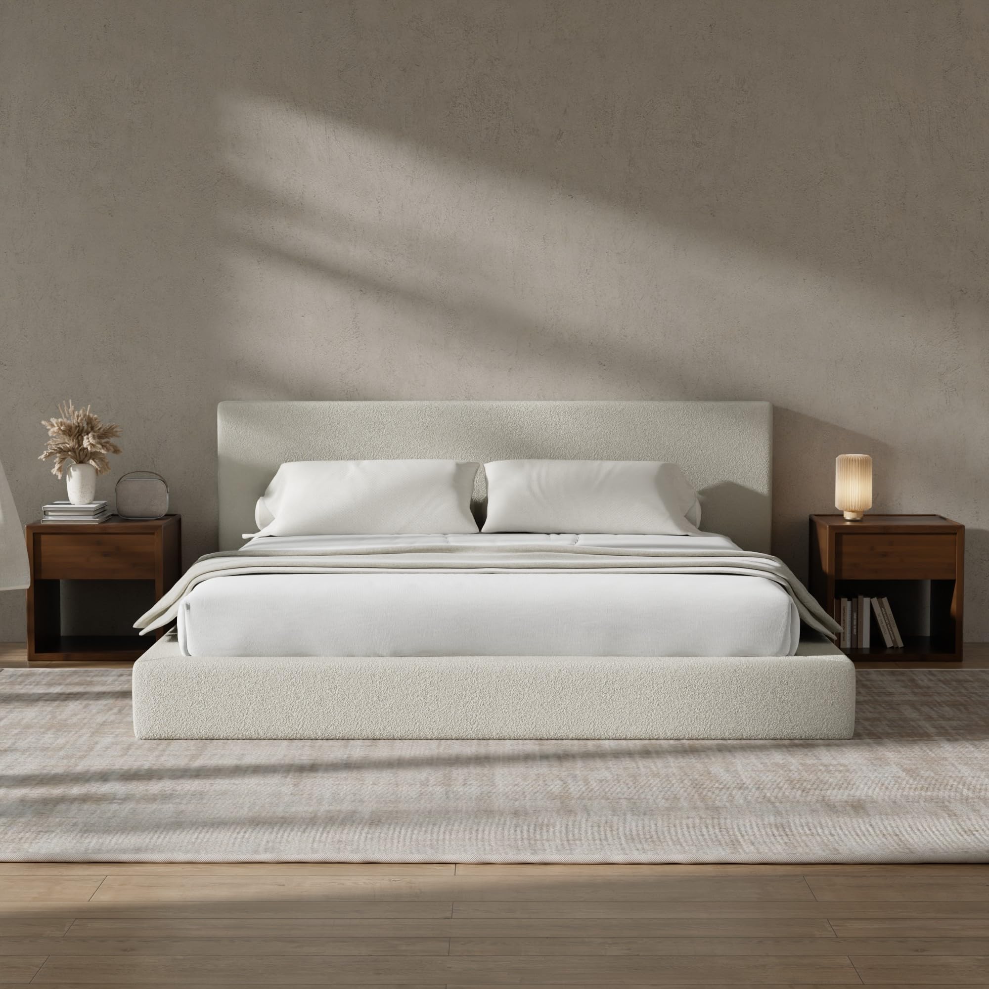 RECCI Cloud Boucle Upholstered King Bed Frame with Headboard, 5 Inch Foam Padded Platform, No Box Spring, Easy Assembly (Beige) Beige King (U.S. Standard)