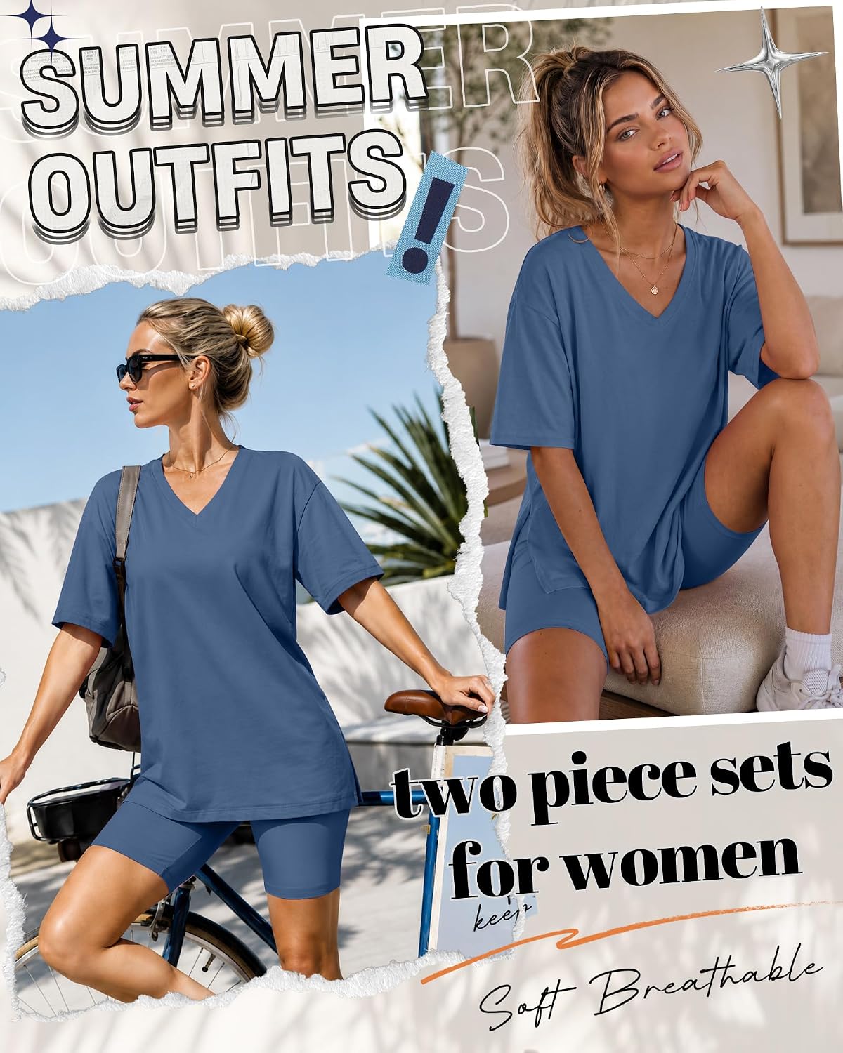 Neer 2 Piece Sets Women Summer Lounge Sets Oversized Shirt Biker Shorts V Neck Workout Casual Side Split Matching Tracksuit