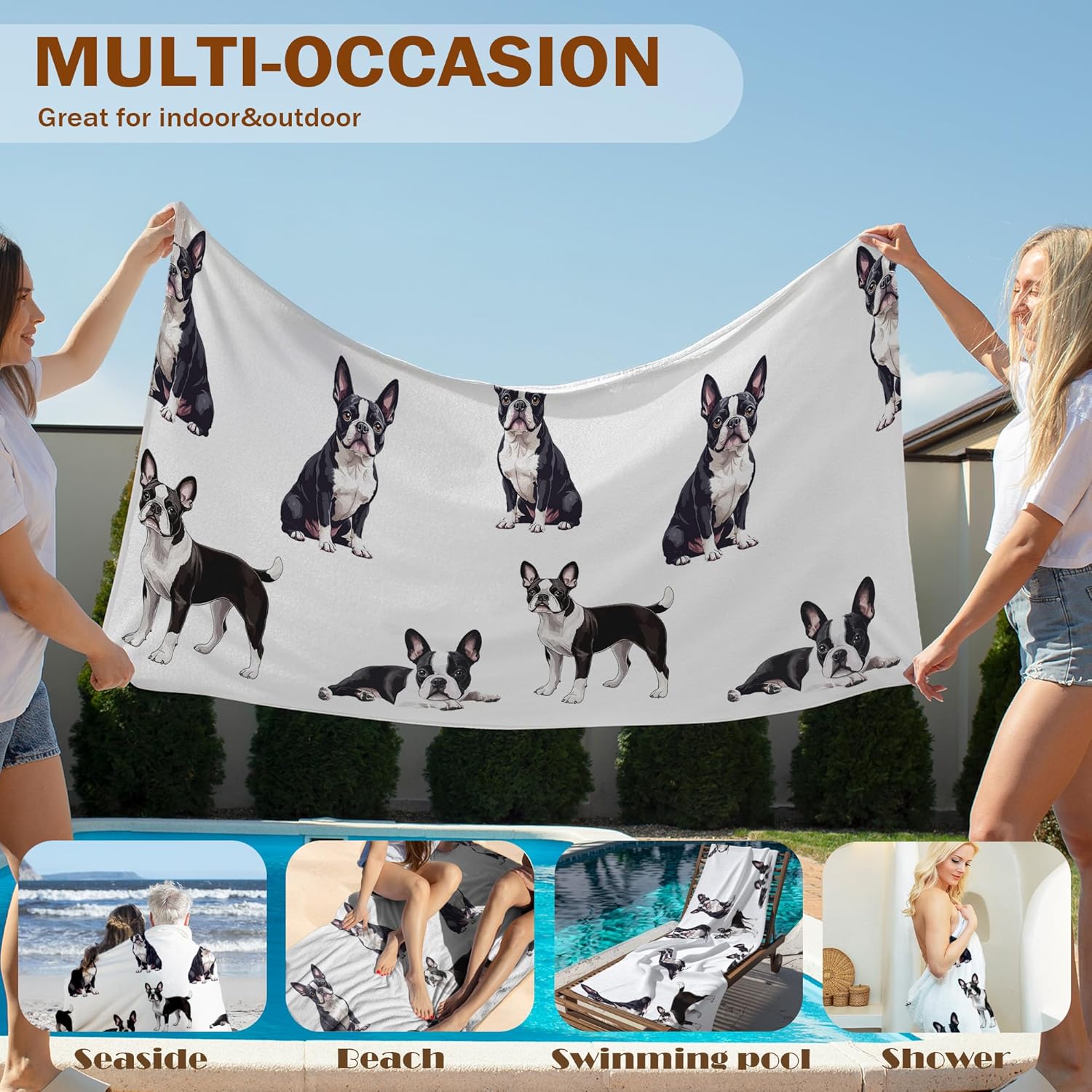 Boston Terrier Dog Beach Towel, Boston Terrier Gifts Bath Towels, Dog Mom Dad Lovers Gifts for Women Men, Gift for Pet Lovers Pool Swim Towels for Bathroom Decor, 60x30 Inches - Image 5