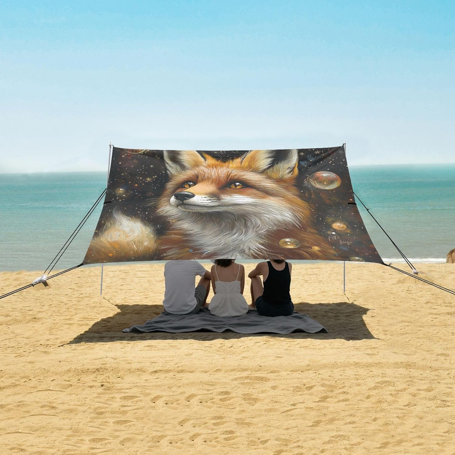 ALAZA Fox Potrait Bubbles Beach Tent Sun Shelter UPF50+ Protection Beach Shade Canopy w/ 4 Sandbags for Outdoor Camping, Fishing, Backyard Fun, Picnic, 10x9 ft
