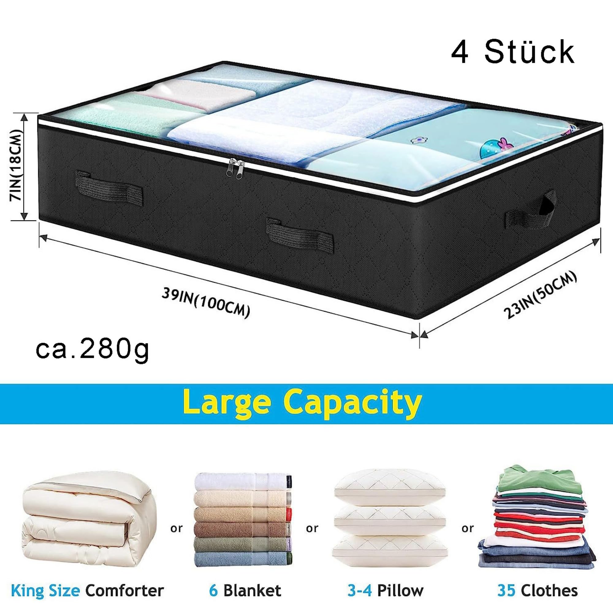 4 Stück Unterbett Aufbewahrungsbox, 100x50x18 cm Aufbewahrungstasche, mit Deckel und Reißverschluss, Unterbettkommode für Kleidung Decken Bettdecken (Schwarz)