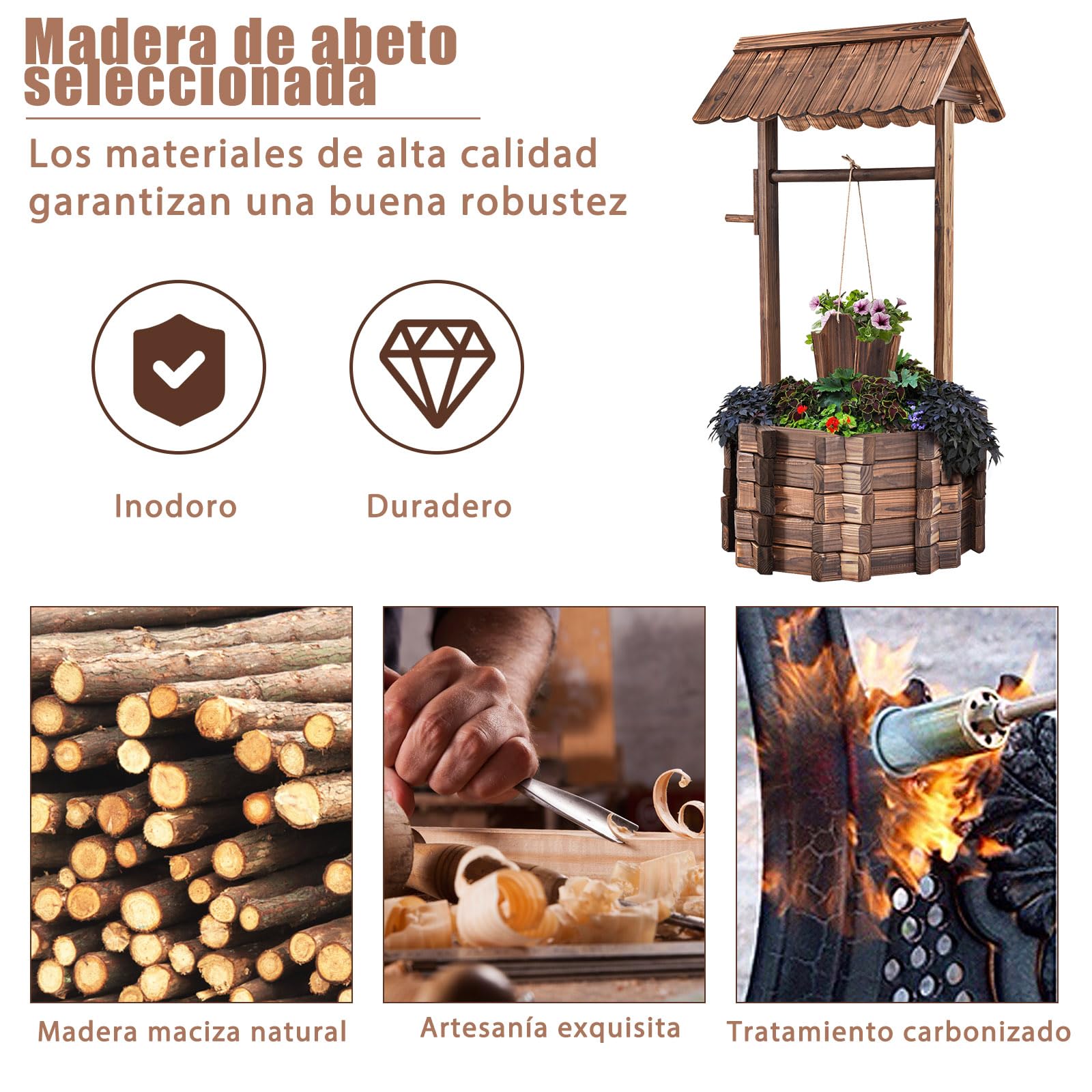 SOARS Pozo de Madera con Techo para Exterior, Fuente de Madera Regulable en Altura, Fuente Decorativa para Patio y Césped, 56 x 56 x 114cm