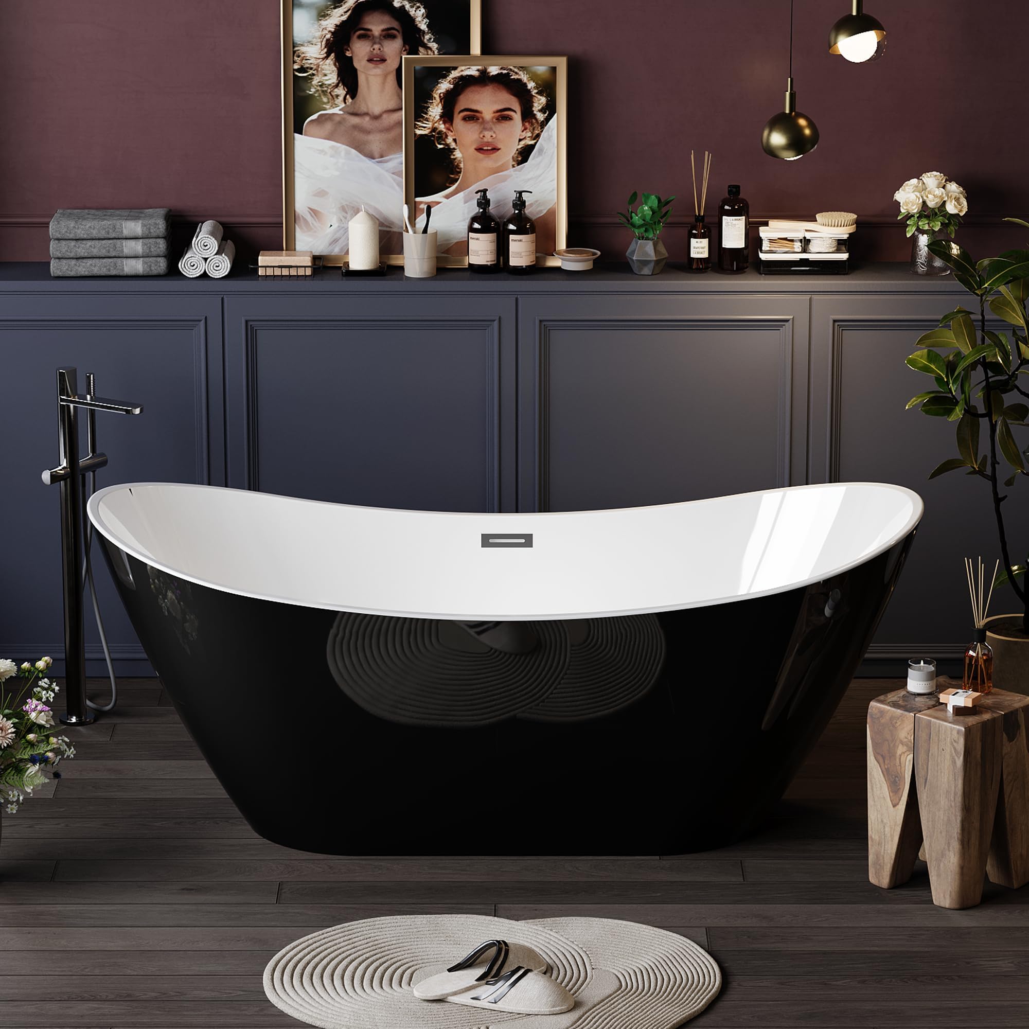 GarveeHome 59 Inch Acrylic Freestanding Bathtub, Deep Soaking Double Ended Tub, White Interior Black Exterior, Modern Oval Non-Slip Stand Alone Bath Tub for Bathroom, Chrome Overflow and Drain