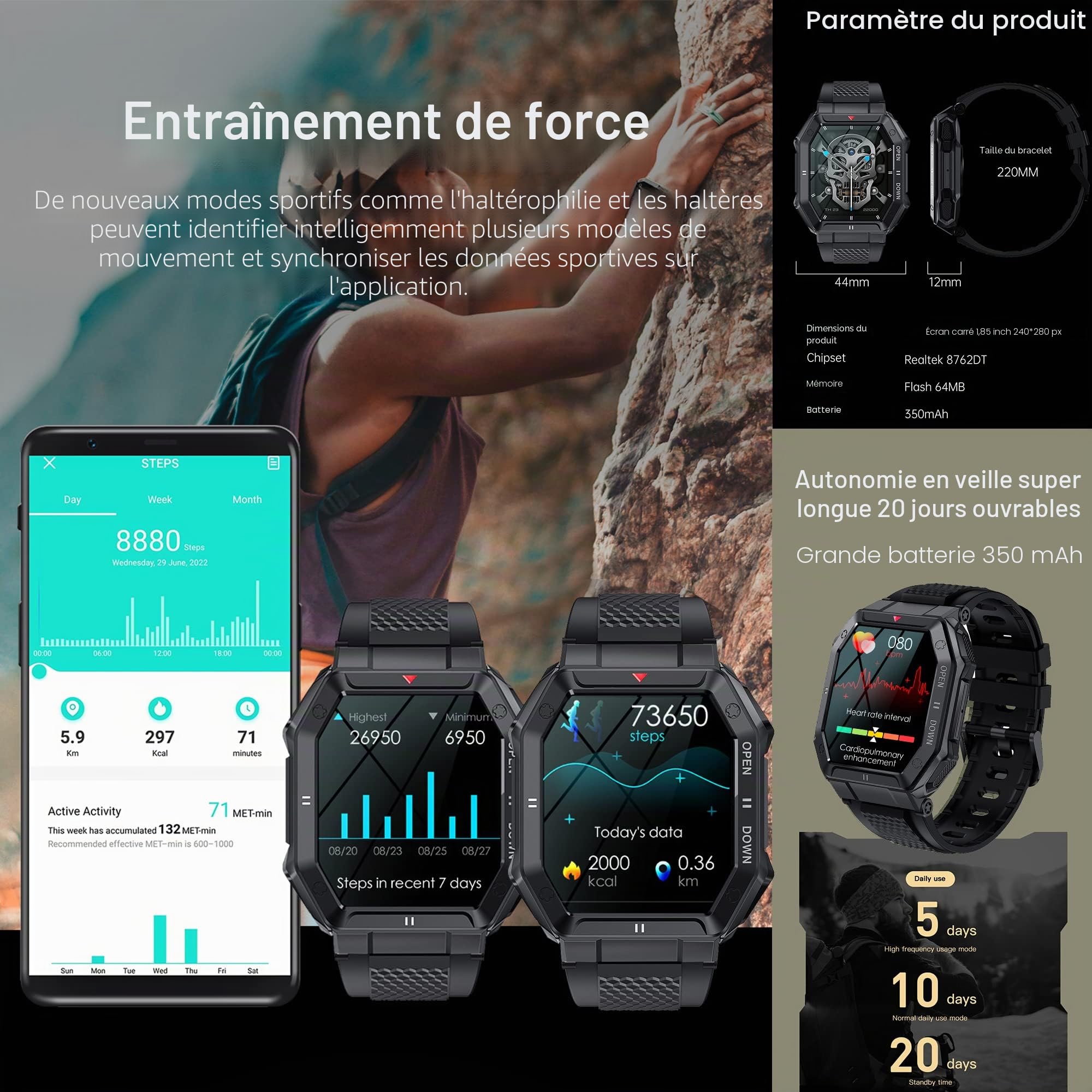 Montre Connectée Homme Appel Bluetooth, 1.85'' IP69K Étanche Montre Intelligente Militaire Smartwatch avec 24 Modes Sport, Moniteur Fréquence Cardiaque, Tensiomètre, SpO2, pour Android iOS Noir