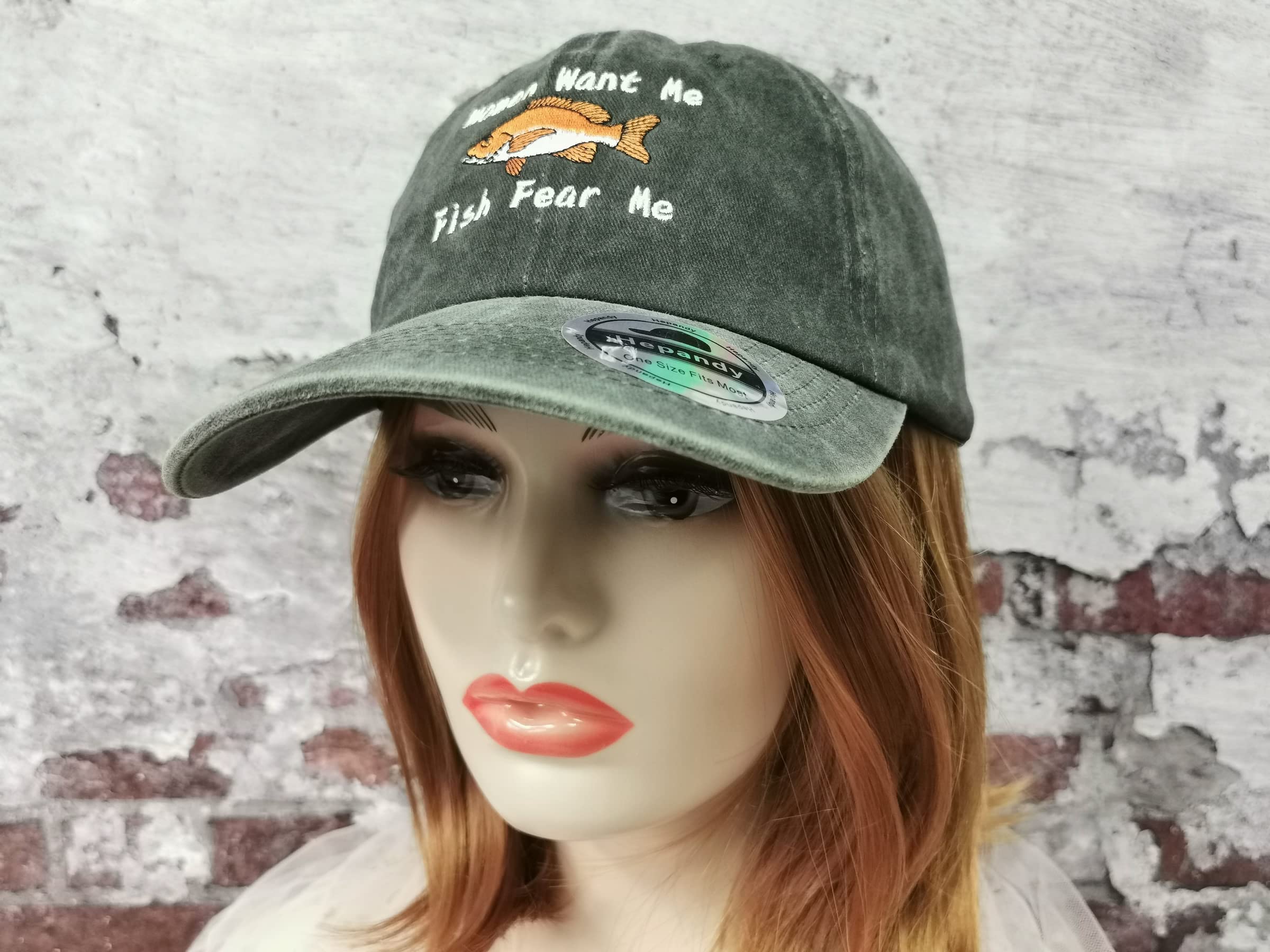 Fish Want Me Women Fear Me Embroidered Distressed Fishing Hat - Adjustable Cotton Twill Cap With Salmon Design 11 thumbnail image