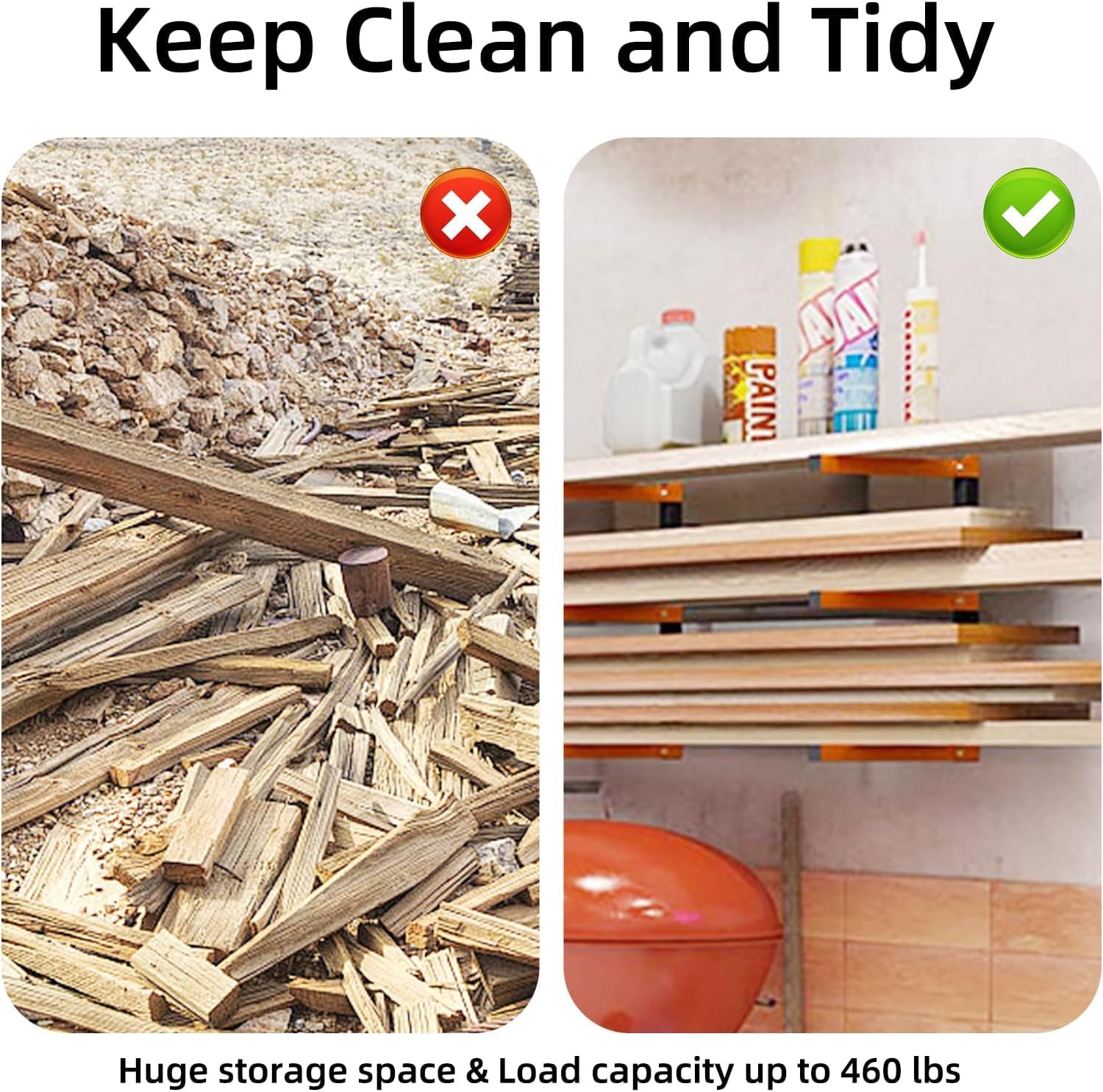 KESTY Estantería metálica para almacenamiento de madera, montaje en pared y almacenamiento de madera, 3 niveles, soporta hasta 360 libras, para almacenamiento interior y exterior para garaje, sótano y