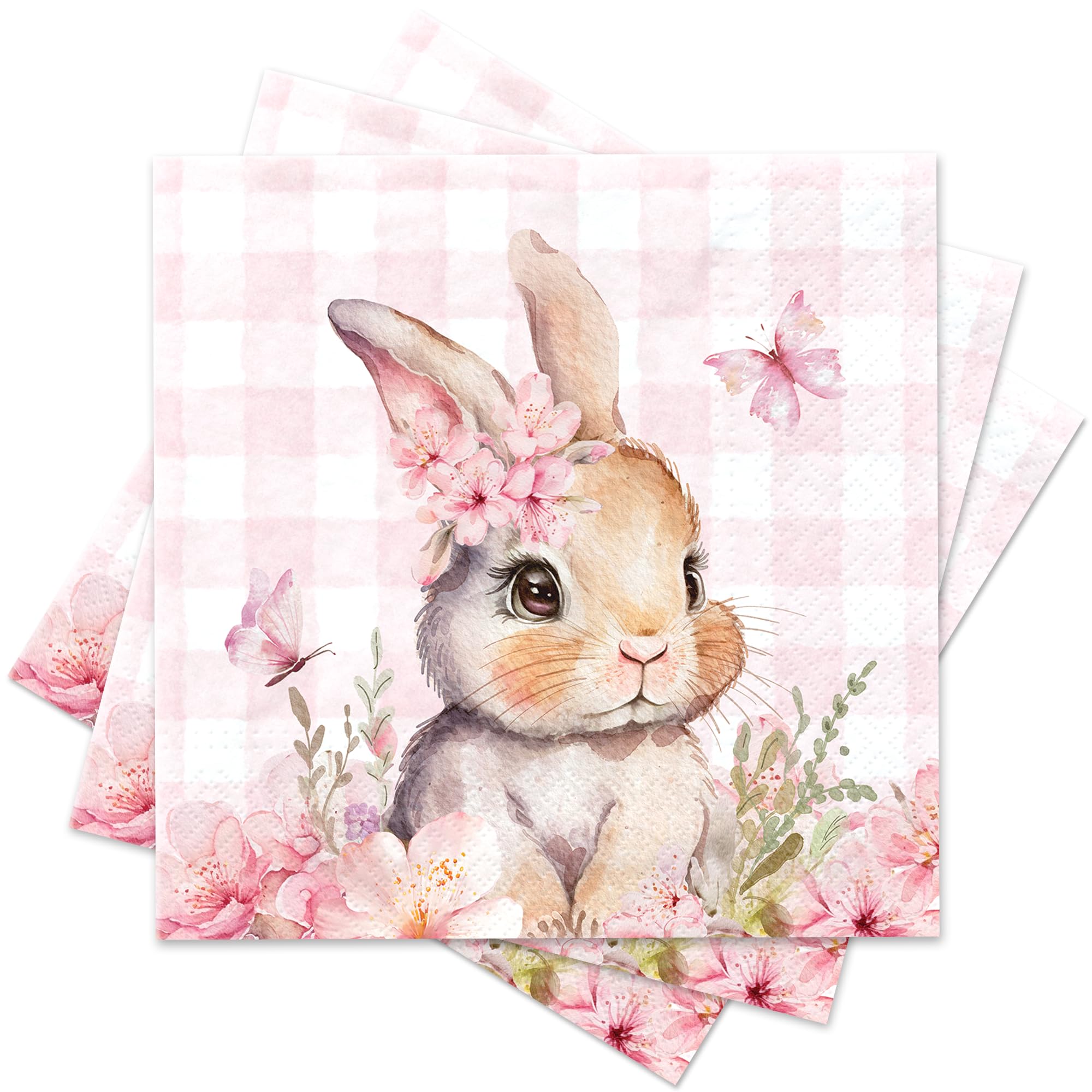 Happy Bunny Easter Paper Napkins, 3 Ply - 6.5 x 6.5 Inch, Pink Floral Butterfly Bunny Design, Disposable Rabbit Napkins for Spring Holiday, Easter Dinner Party & Baby Shower, Cute Bathroom Hand Towels