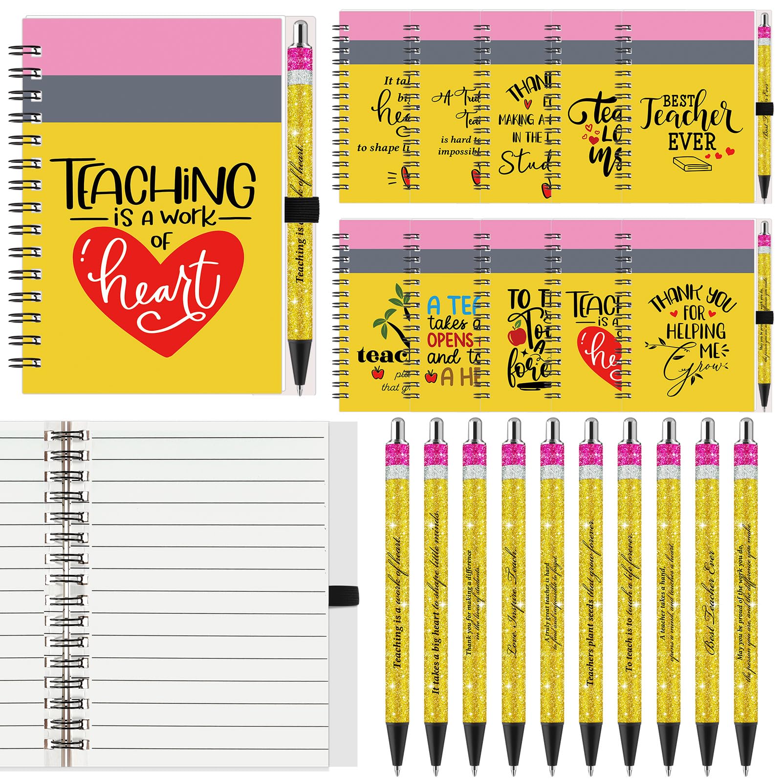 Resurhang 20 Sets Lehrer-Wertschätzungsgeschenk, Bulk-Bleistift-Design, Spiralnotizbuch mit Glitzer-Lehrer-Kugelschreiber, Dankeschön-Geschenk für Lehrer, Mitarbeiter, Bürobedarf, 10 Stile