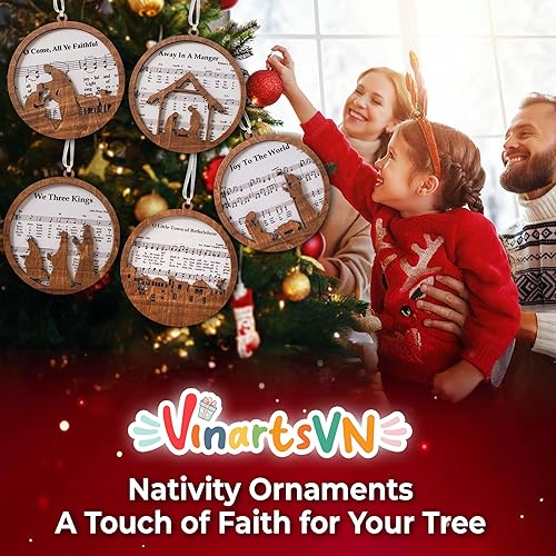Miniatura 6 de Paquete de 5 adornos de madera para partituras musicales a granel, adorno de escena católica de Navidad, recuerdo cristiano, decoración colgante de