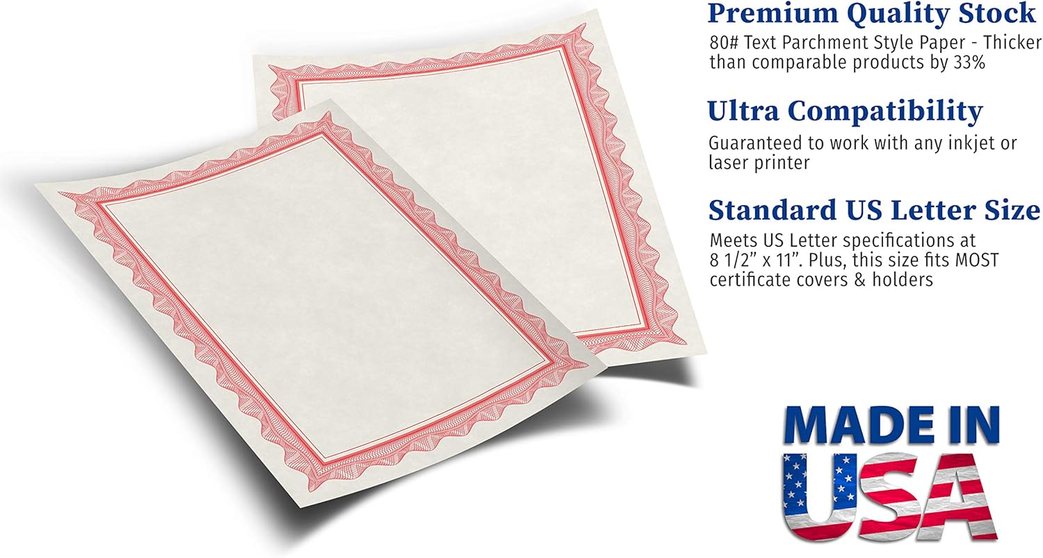 Blank Parchment Certificate Paper for Awards - Works with Inkjet/Laser Printers - Measures 8 1/2" x 11" - Red Border - 250 Sheet Pack