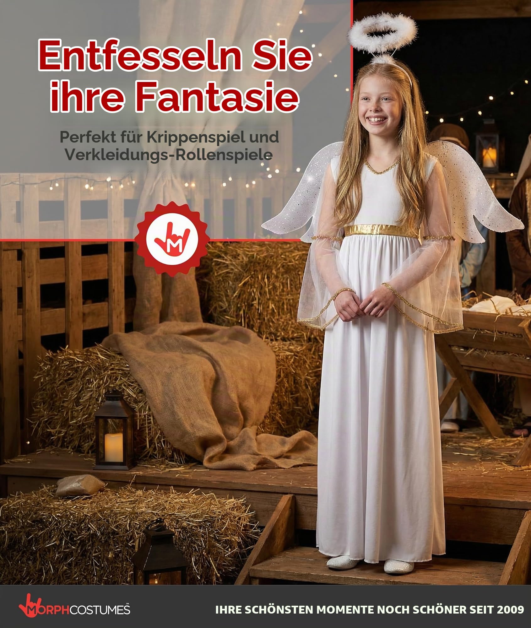 Morph Engel Kostüm Kinder, Himmlisches Halloween Kostüm Kinder | Kleid, Flügel & Heiligenschein, Weiß-goldenes Design, Zum Überziehen, Perfekt für Halloween, Ideal für Rollenspiele