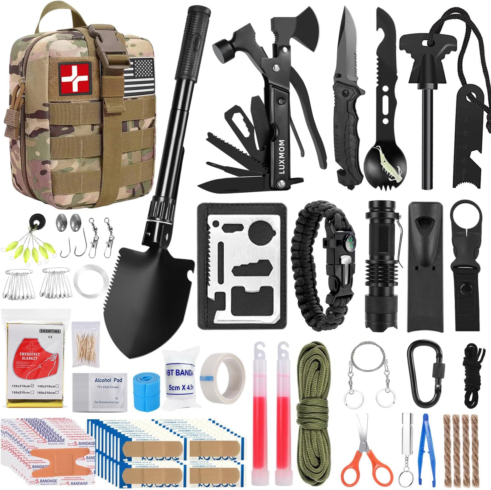 LUXMOM Emergency Survival Kit and First Aid Kit, 142Pcs Professional Survival Gear and Supplies Equipment with Molle Pouch, Gift for Christmas Men Dad Husband Camping Hiking Hunting Outdoor Adventure