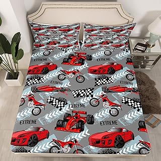 Erosebridal Red Racing Car Twin Fitted Sheet for Boys Cartoon Dirt Bike Sheets, Extreme Sports Bed Sheets Grey Red Gray Black Bed Cover, Sports Car Race Car Bed Set (Deep Pocket)