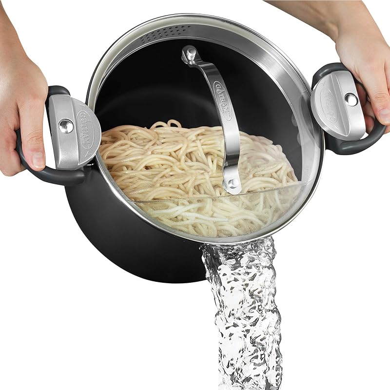 5 Qt Nonstick Pasta Pot with Strainer Lid & Twist and Lock Handles - GOTHAM STEEL Ceramic Pasta Cooker, Tempered Glass Lid, Metal Utensil Safe, PFOA Free, for Spaghetti & Soup, Dishwasher Safe, Black