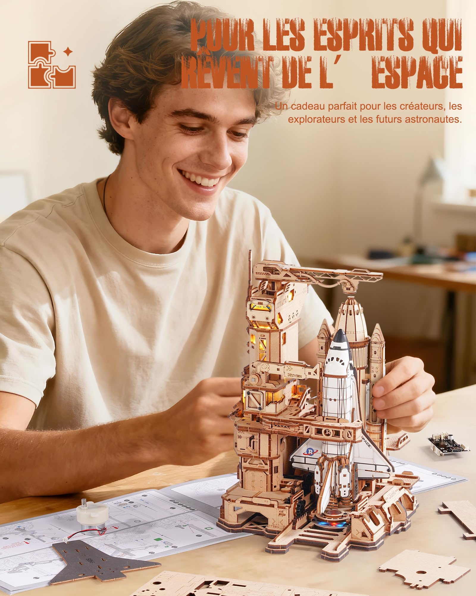 ROBOTIME Navette Spatiale en Bois avec Base de Lancement, LKA02 | 446 pièces · Levage & retour motorisés · Échelle 1:420 · Câble Type-C 5 V requis