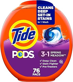 PODS laundry detergent pacs, 3-in-1 Stain Remover, Odor Fighter, Color Protector, 76 Count, HE compatible, Spring Meadow Scent