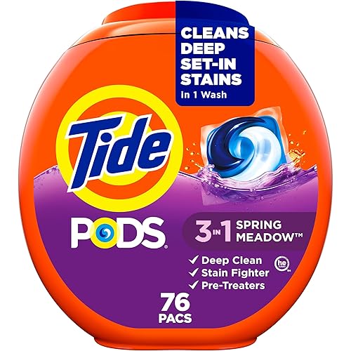 Tide PODS laundry detergent pacs, 3-in-1 Stain Remover, Odor Fighter, Color Protector, 76 Count, HE compatible, Spring Meadow Scent
