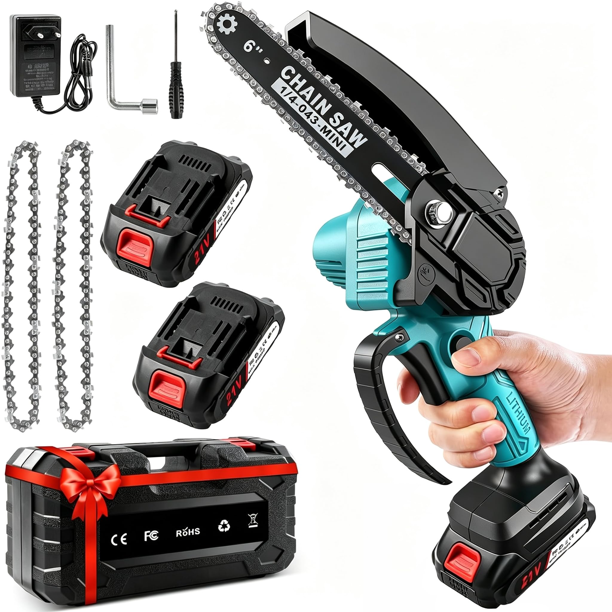 Mini Motosierra Bateria, 4000mAh Motosierra Bateria,con 900 w Motor Sin Escobillas, 2 x 2,0 Ah Baterías & Cadena Reemplazable, Mini Motosierra Portátil para Podar Árboles de Jardinería