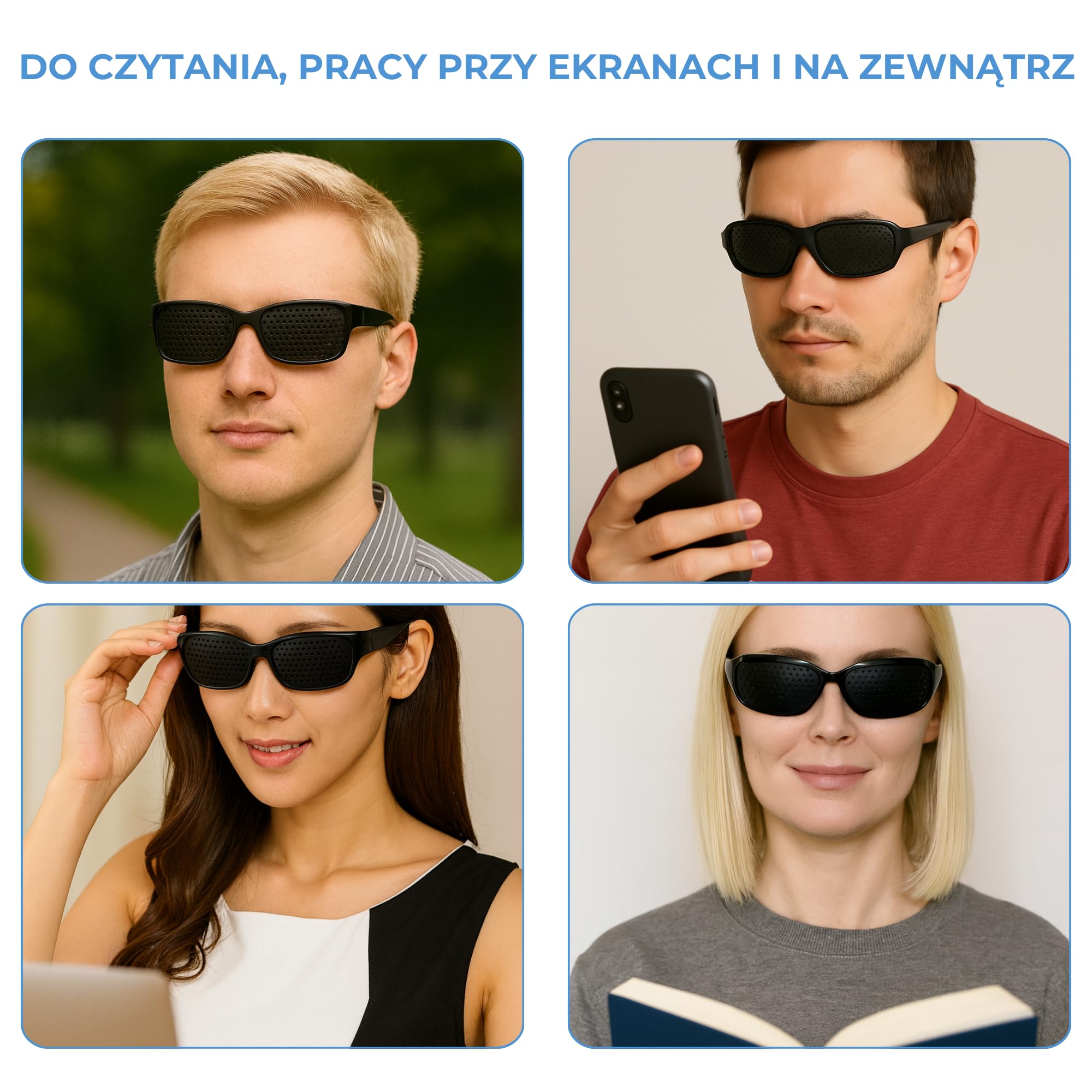 okulary dziurkowane stenopeiczne do treningu oczu i poprawy wzroku, okulary siatkowe, pinhole perforated glasses, czarne
