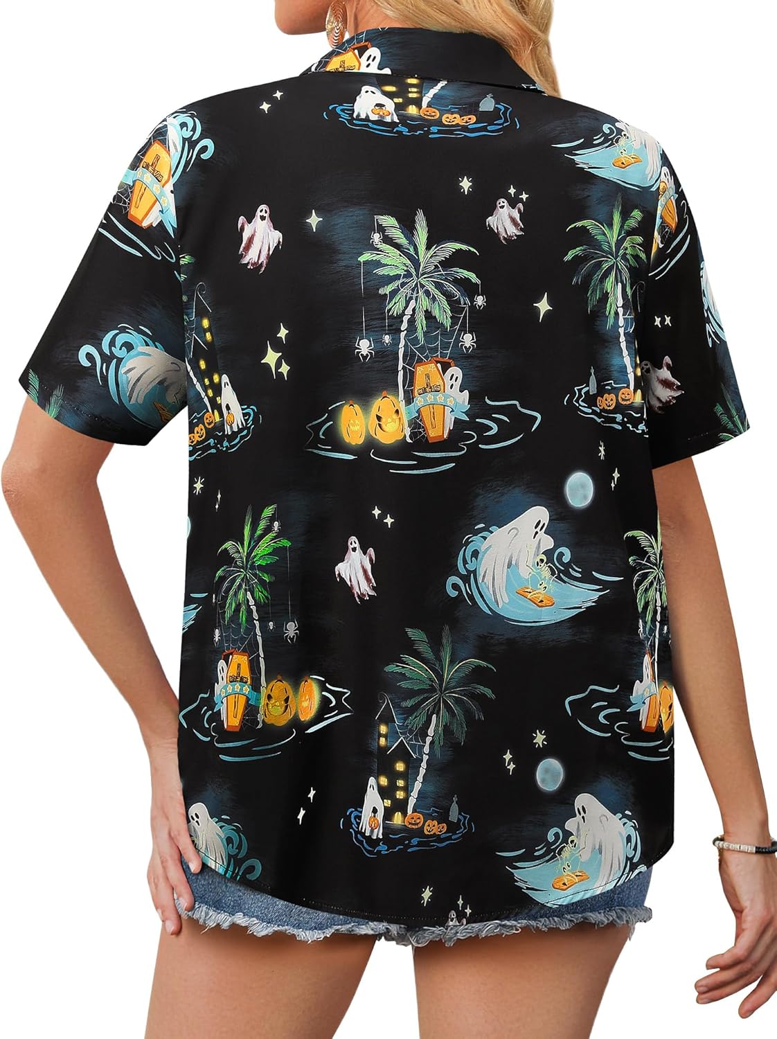 Womens Halloween Hawaiian Shirt Cute Pumpkin Ghosts Print Button Down Shirts Short Sleeve Loose Fit Castle Blouses Tops - Image 6