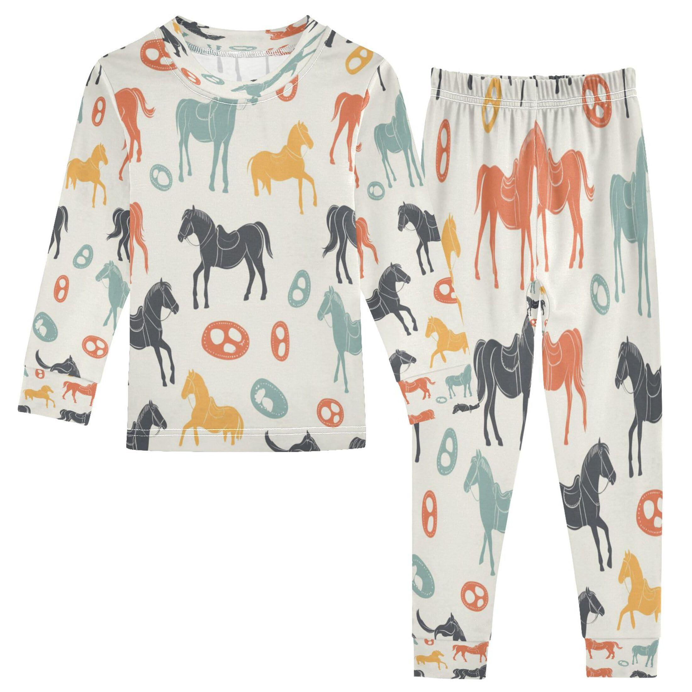 Vozoza Colorful Retro Horses Western Pajama Sets Long Sleeve Top with Pants Cotton Soft Sleepwear 2 Piece Pjs Set Size 5T Multicolor