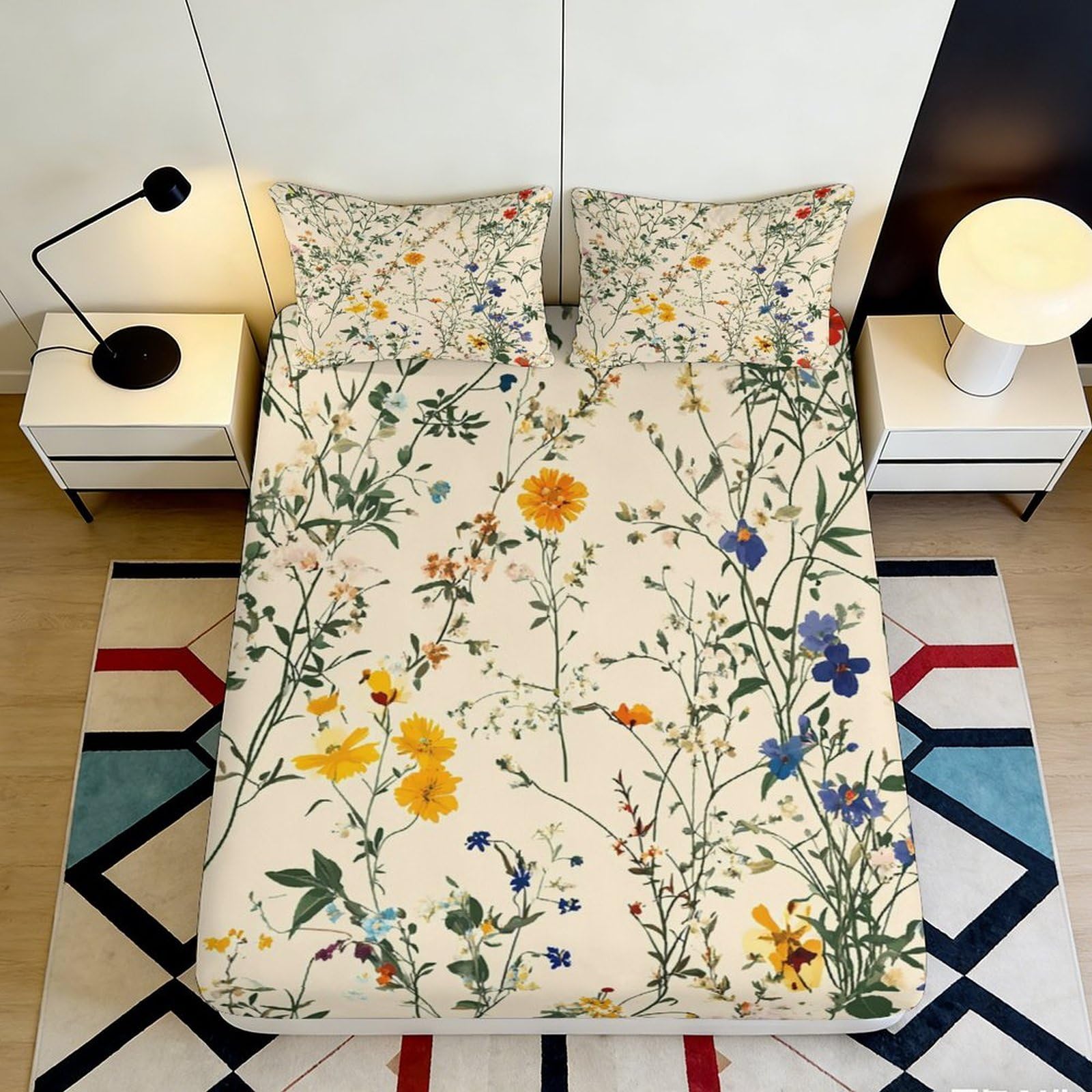 3D Printed Wildflower Fitted Sheet Microfiber Soft Anti-Slip Botanical Meadow Bed Cover for Bedroom Guest Room Decor 180x200x25cm