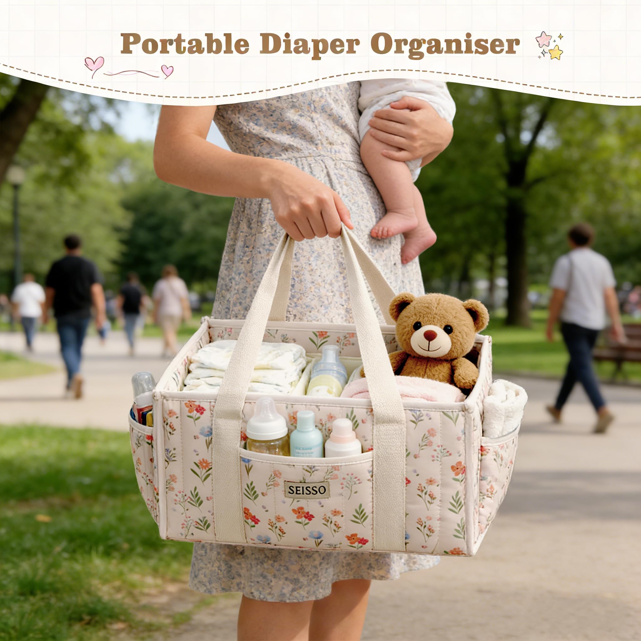 SEISSO Nappy Caddy Organiser Floral Diaper Caddy Bag, Nursery Storage Basket for Changing Table Newborn Girl Boy Essentials - Image 4