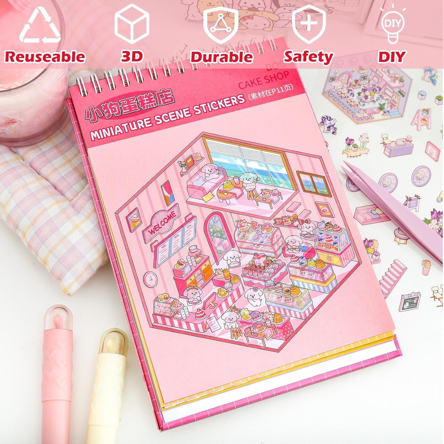 Scene Sticker Book for Kids,20 Sets of 3D Sticker Scenes for Adults Fun Mini Cute Kawaii Stickers Therapy 3D Scenes 3D House Stickers Set Relief Stress Pass The Time - Image 3