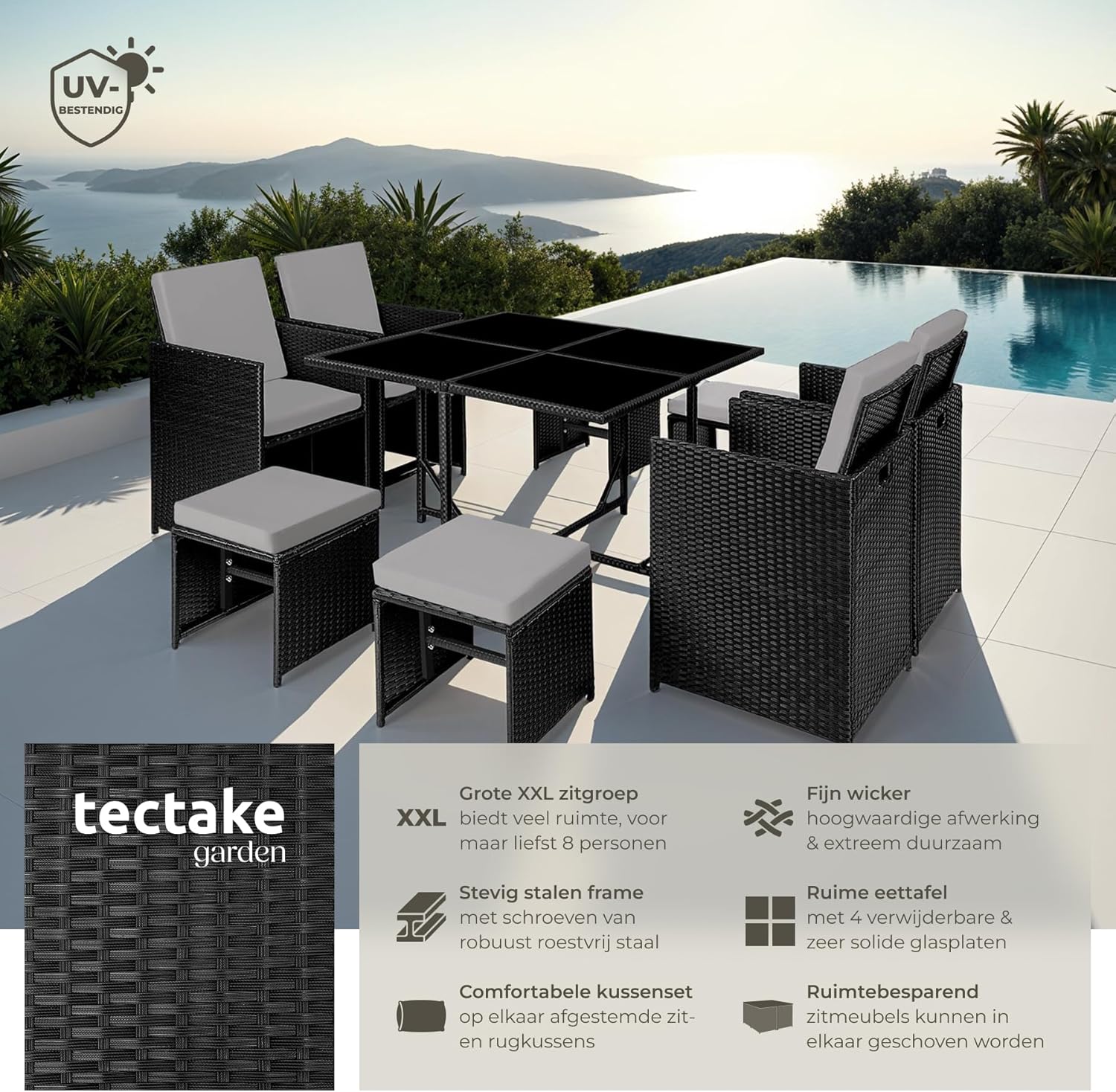 Image demonstrating the compact storage feature of the tectake lounge set, with chairs and stools nested under the table.