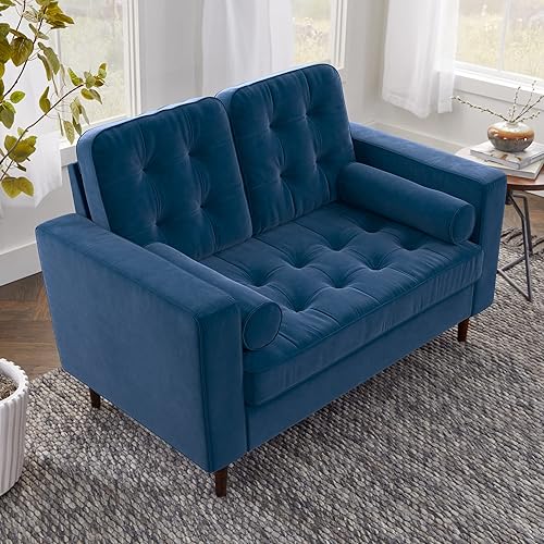 Edenbrook Lynnwood Upholstered Loveseat - Living Room Office or Bedroom - Mid-Century Modern Design Furniture - Buttonless Tufting - Simple Assembly - Includes 2 Bolster Pillows - Navy Velvet