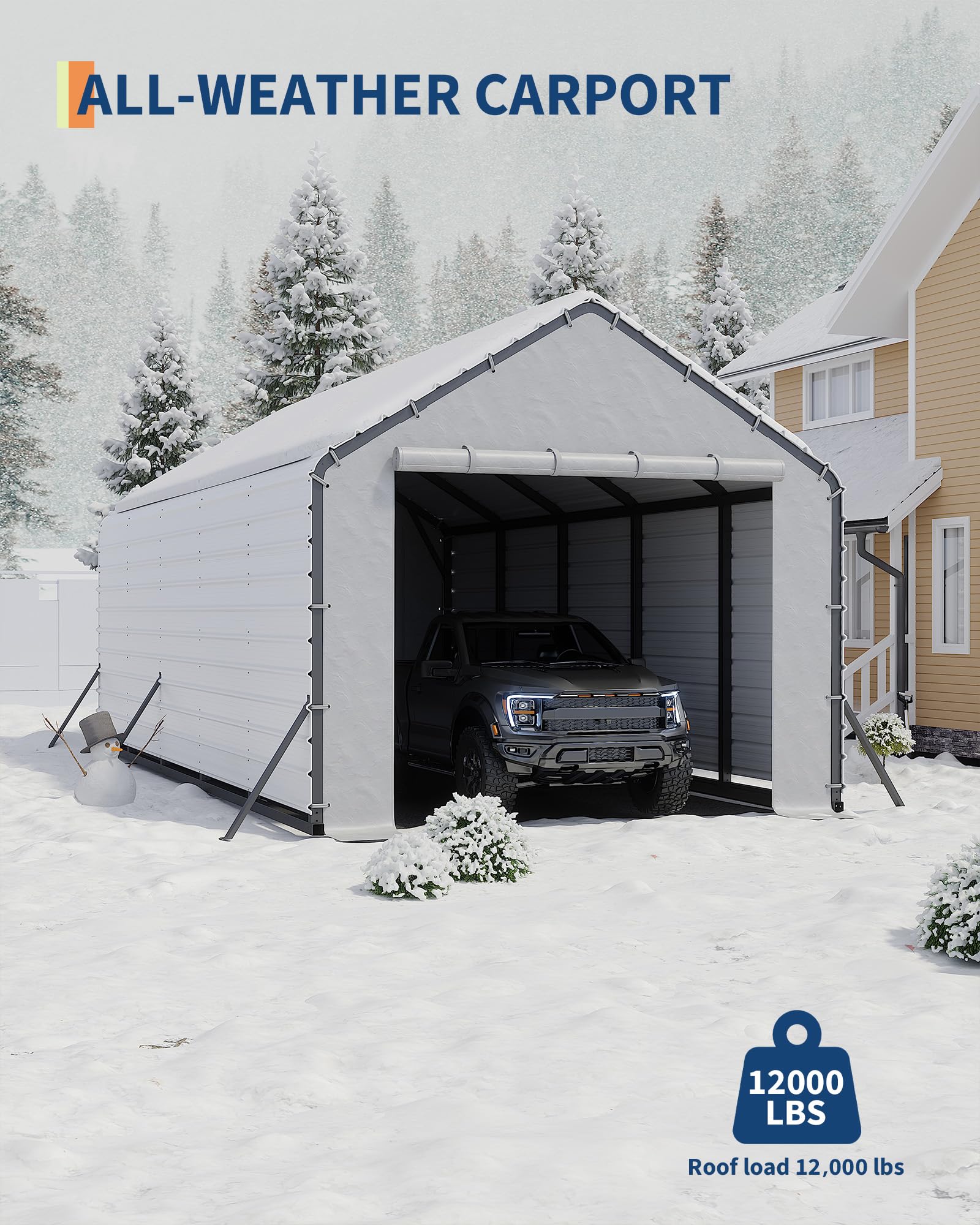 GarveeLife Door Panels with Zippers Tarp for Metal Carport 13x26 ft, 13x21 ft, and 13x16 ft, 2 Pcs Door Panel with 32 Ball Bungees, White