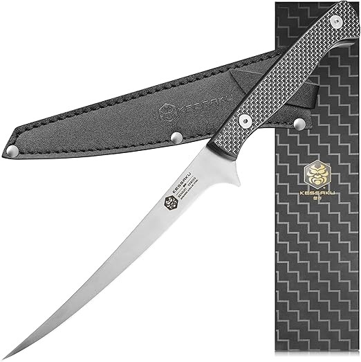KESSAKU Fillet Knife - 7 inch - Senshi Series - Flexible - Razor Sharp - Forged Japanese AUS-8 High Carbon Stainless Steel - Boning, Trimming, Skinning - Carbon Fiber G10 Handle with Sheath