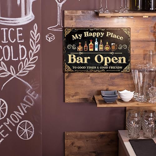 Miniatura 5 de Putuo Decor Letrero de barra para el hogar, letrero de metal retro, con texto en inglés My Happy Place Bar Open, 12 x 8 pulgadas