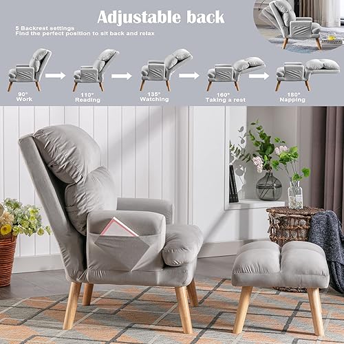 Miniatura 3 de CANMOV Silla decorativa moderna con otomana, sillón de tela suave con respaldo ajustable y bolsillos laterales, cómoda silla de descanso para sala