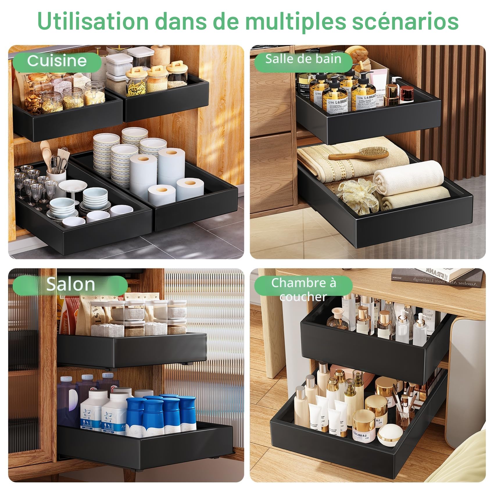 SAYZH Tiroir Coulissant Telescopique Cuisine pour Placard de Cuisine, Tiroir Coulissant Extensible, (43Profondeur x 25Largeur x 9Hauteur cm), pas Besoin de Percer ni de Clouer, Noir