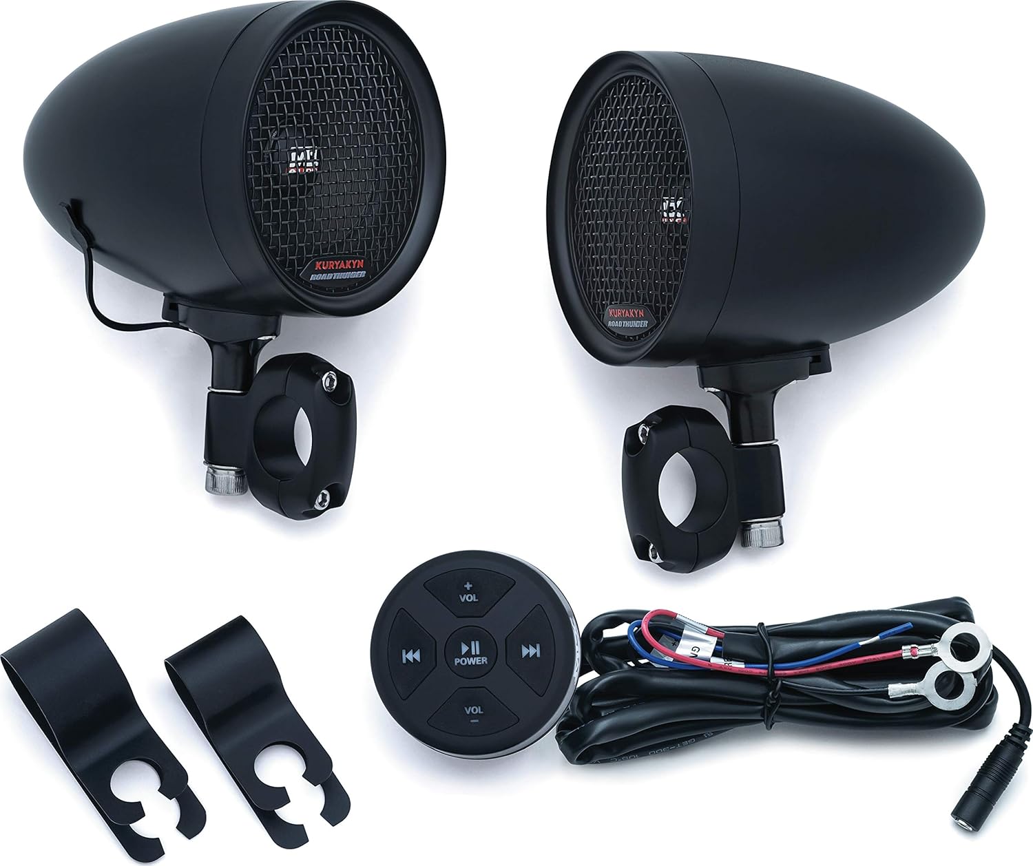 Kuryakyn 2713 MTX Road Thunder Weather Resistant Motorcycle Speakers: 100 Watt Handlebar Mounted Audio Speaker Pods with Bluetooth Audio Controller, Satin Black