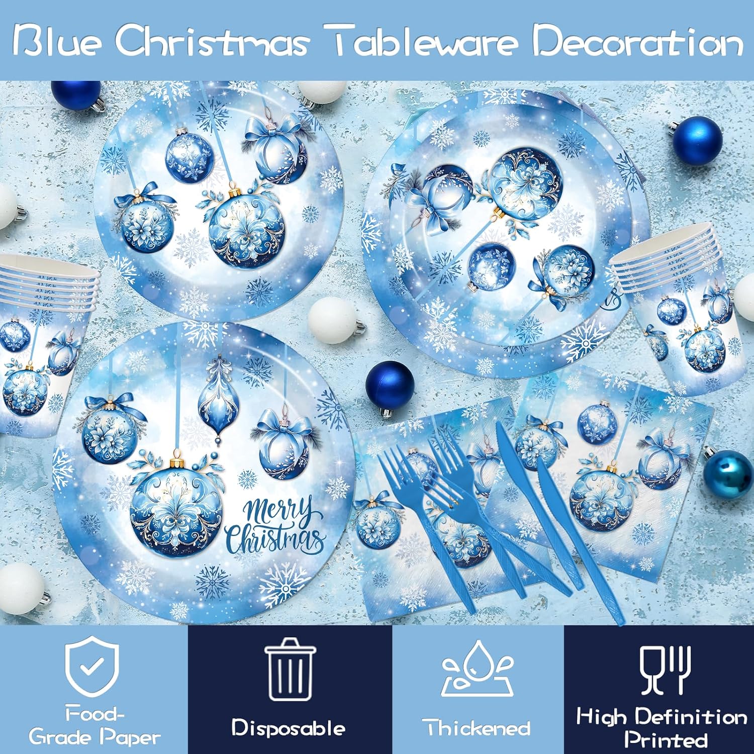 Blue Christmas Decoration Merry Christmas Ball Snowflake Party Tableware Disposable Paper Dessert Plates,Napkins,Cups,Forks Knives for Winter Xmas Holiday Supplies Decor,Serve 24 - Image 2