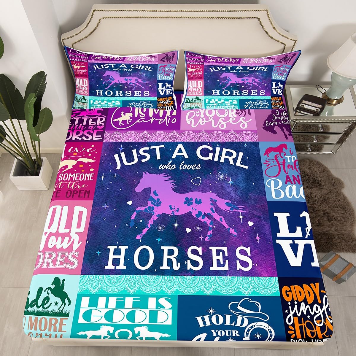 Horse Fitted Sheet Kids Galloping Horse Bedding Set for Boys Western Animal Decor Bed Sheet Set Cow Boy Plaid Grid Purple Bed Cover Deep Pocket Decor Single
