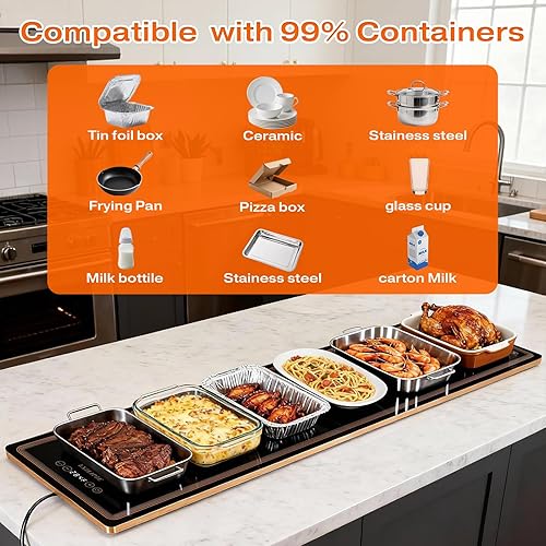 Miniatura 6 de Bandeja de calentamiento eléctrica para bufés de fiesta (51 x 12 pulgadas) Tapete de calentamiento de alimentos con 12 ajustes de temperatura,