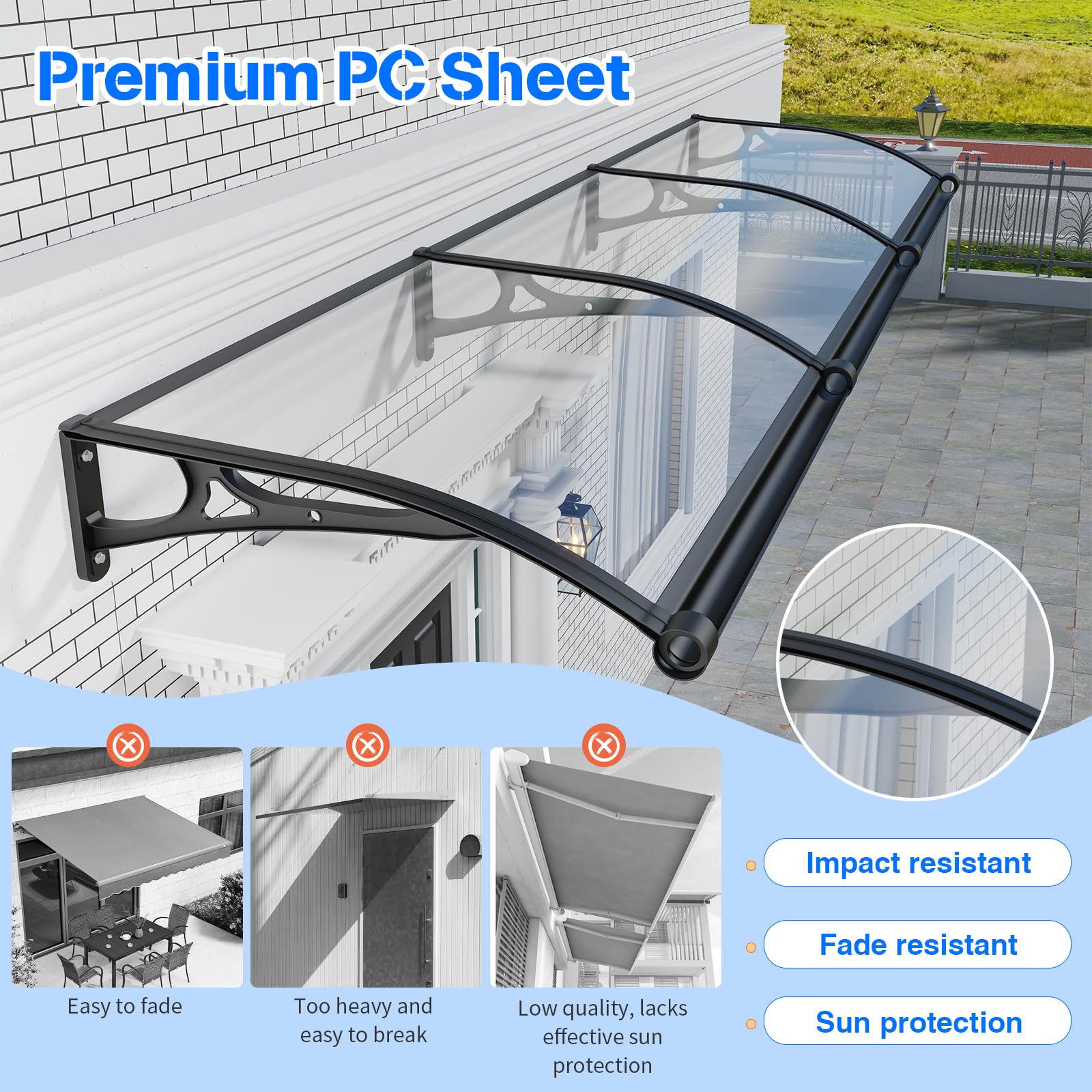 Awning for Door Entrance,32x48 Inch Awnings for Doors Exterior Polycarbonate Cover Canopy Window Awning UV Rain Snow Sunlight Protection Solid Sheet,Black Bracket/Transparent Board
