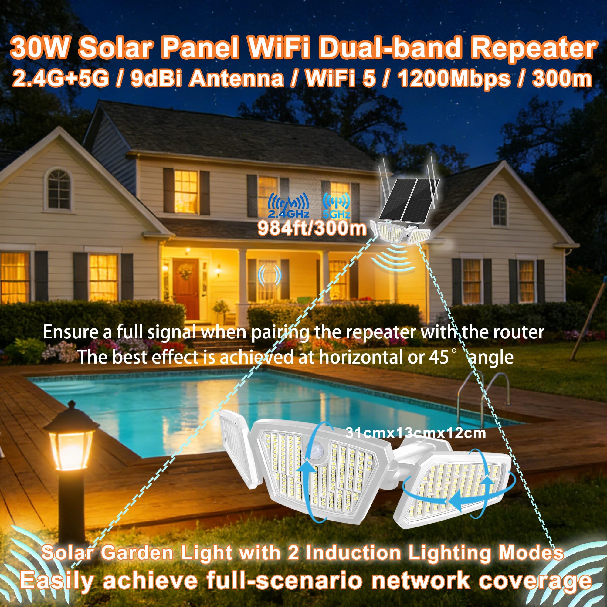 Panneau Solaire d'extérieur Double Bande 30W 5,8G/2,4G Répéteur WiFi Répéteur Amplificateur Répéteur Amplificateur Solaire Lampe de Jardin 300m de Couverture Batterie 30000mAh IP65 pour Cour