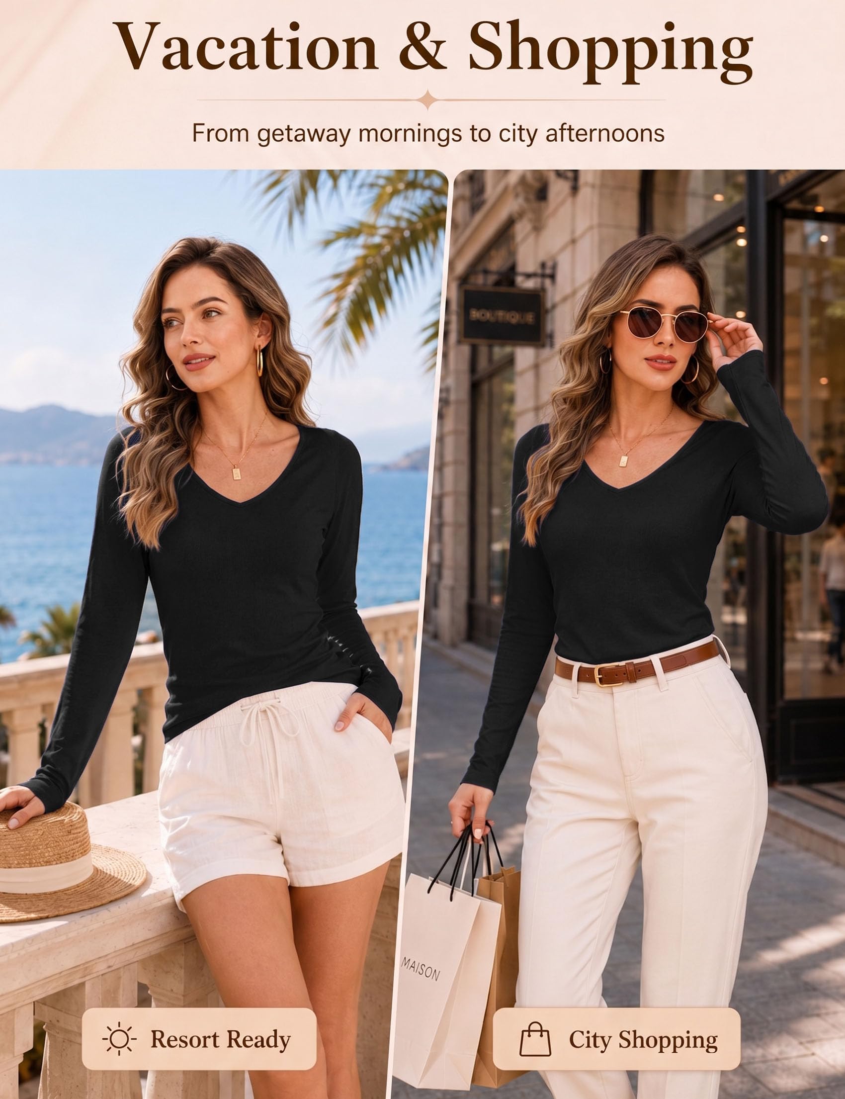 Haut Thermique Femme Col en V à Manches Longues avec Trous pour Les Pouces Basic Tee Shirt Léger Slim Fit sous-vêtement Thermique pour Hiver Automne