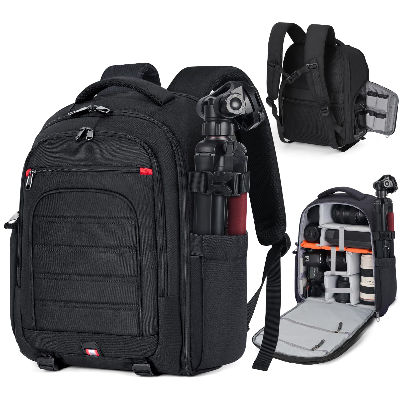 RAINSMORE Camera Backpack Camera Bag for DSLR/SLR Mirrorless 15.6 Inch Laptop Camera Backpack for Photographers Anti-theft Photography Bag with Rain Cover, Tripod Holder, Black