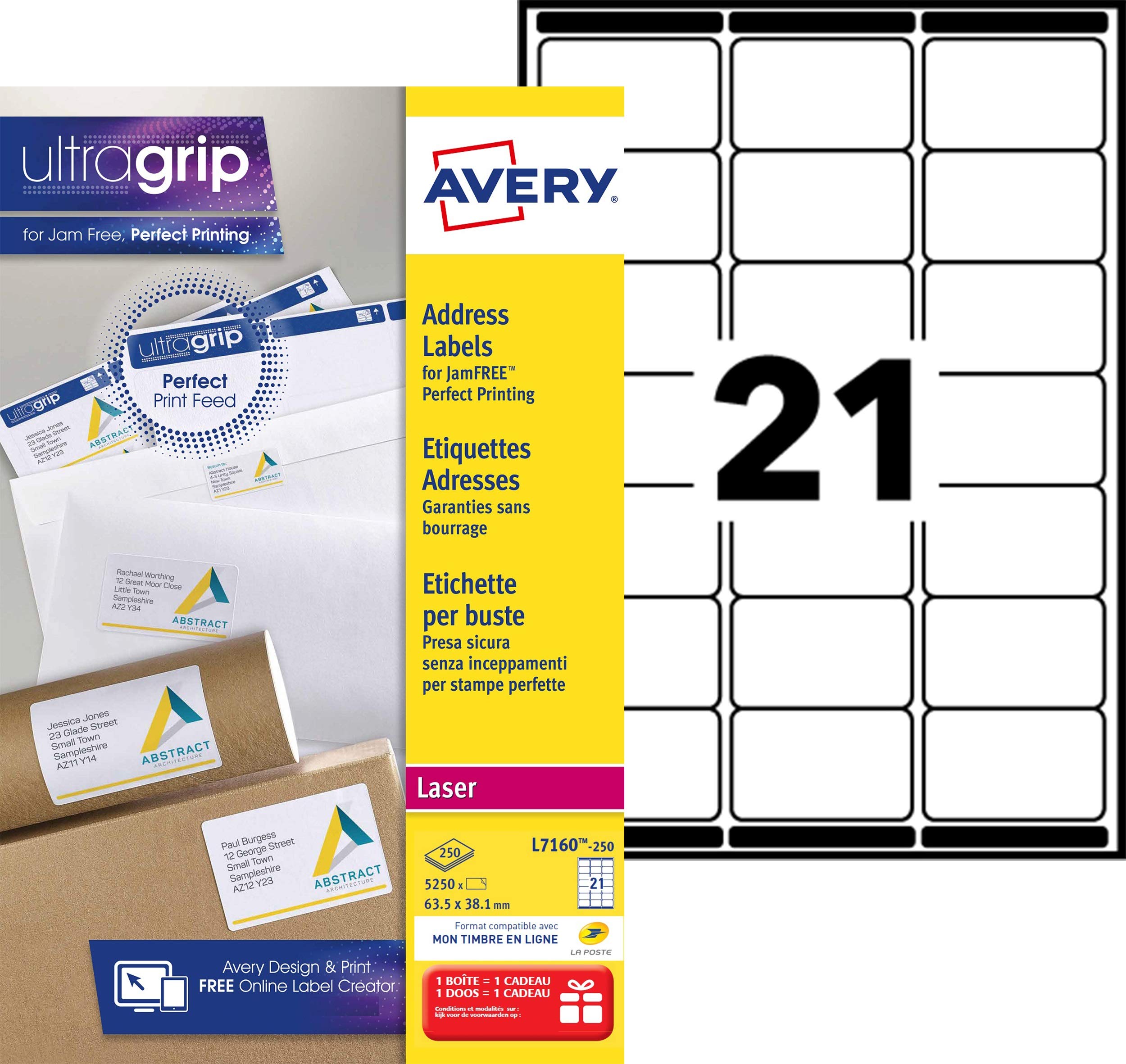 AVERY - 5250 Étiquettes Adresse Autocollantes Blanches Personnalisables - Sans Bourrage - Format 63,5 x 38,1 mm - Impression Laser)
