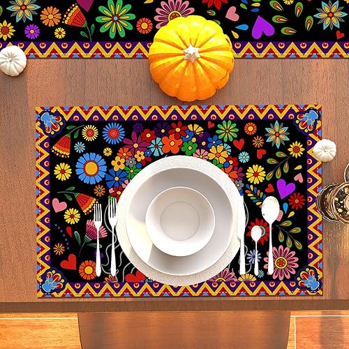 Miniatura 7 de Juego de 4 manteles individuales de lino del Día de los Muertos Dia De Los Muertos, manteles individuales de altar mexicano de muertos, decoración y