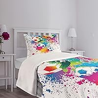 Vista 7 de Ambesonne Juego de colchas de fútbol, salpicaduras de colores en todas partes de pelotas de fútbol con puntuación del campeonato de la Copa